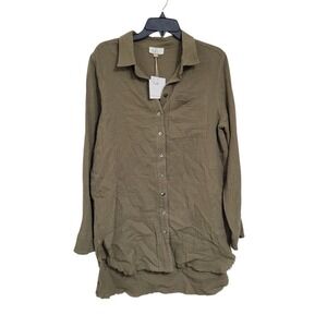 P. Cill Womens Olive Green Cotton Gauze Button Down Shirt Tunic Raw Hem SZ S NWT